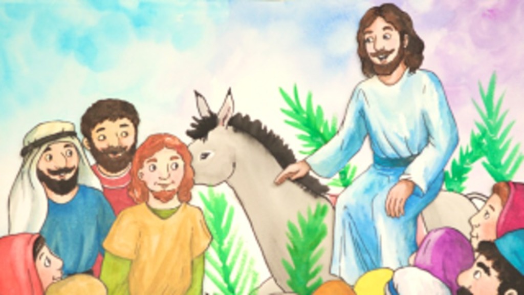 Jeesus ratsastaa aasilla Jerusalemiin.