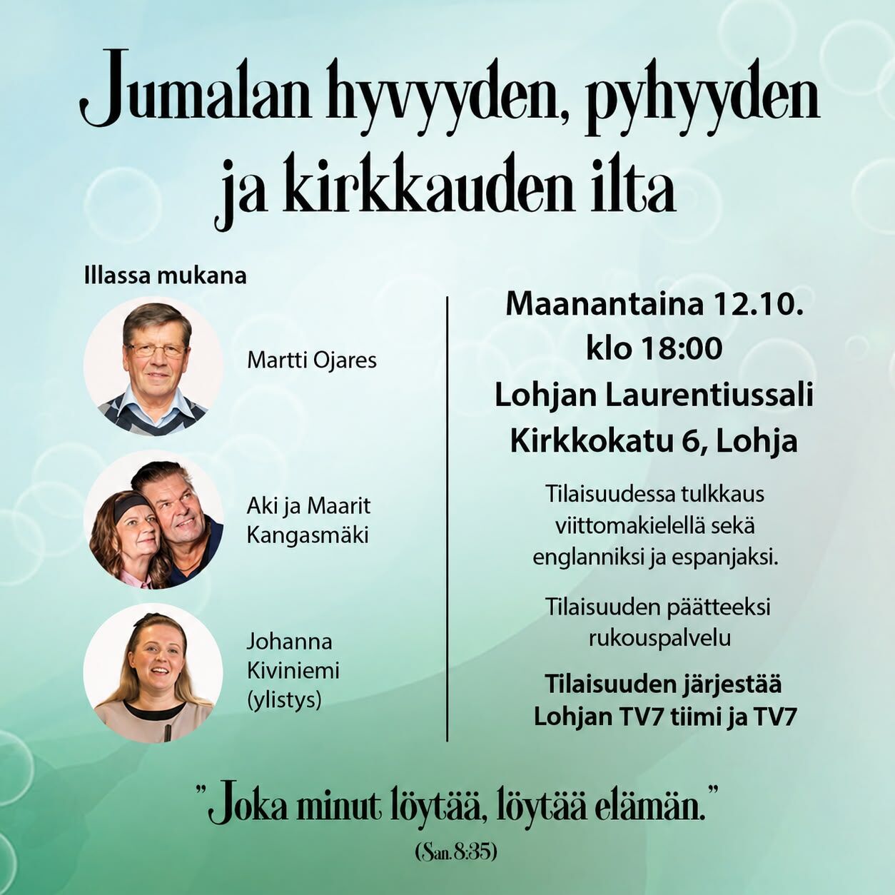 Jumalan hyvyyden, pyhyyden ja kirkkauden ilta Lohjalla 12.10.2026